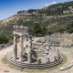 Aerial bird's eye view photo taken by drone of archaeological site of ancient Delphi.