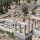 Aerial bird's eye view photo taken by drone of archaeological site of ancient Delphi.